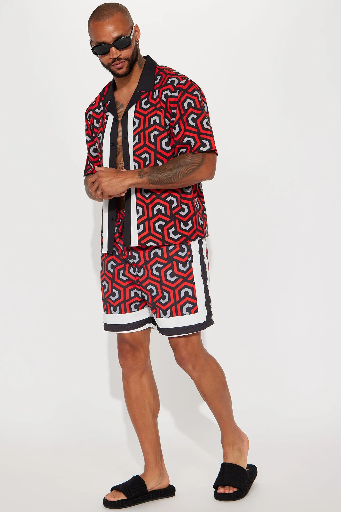 Abstract Scene Short Sleeve Button Up Shirt - Multi Color