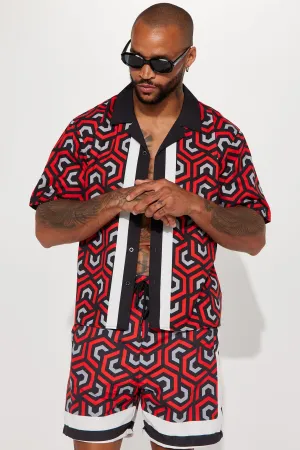 Abstract Scene Short Sleeve Button Up Shirt - Multi Color