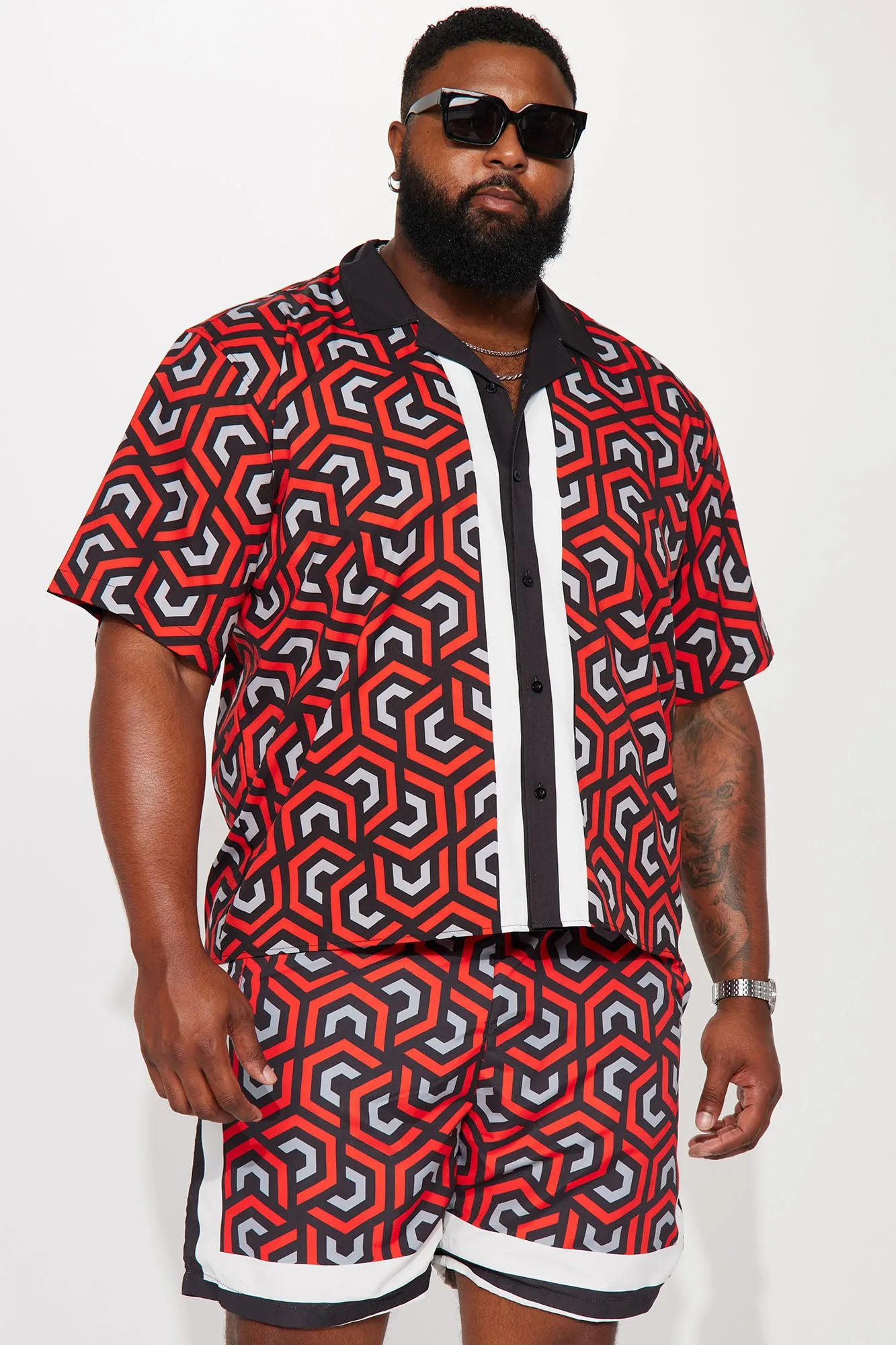 Abstract Scene Short Sleeve Button Up Shirt - Multi Color
