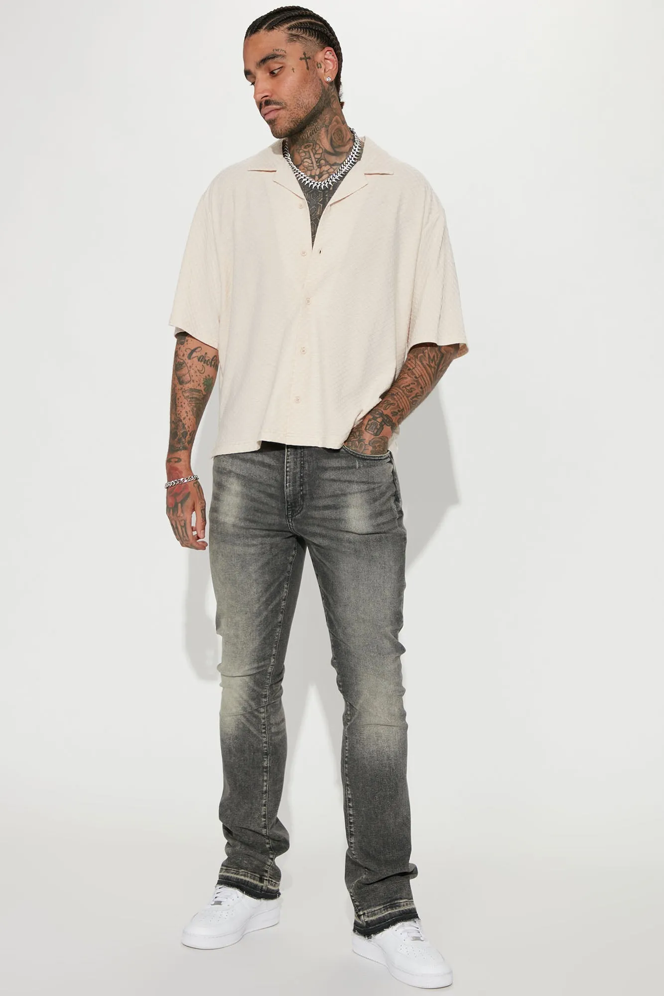 Afloat Textured Short Sleeve Cropped Button Up - Cream