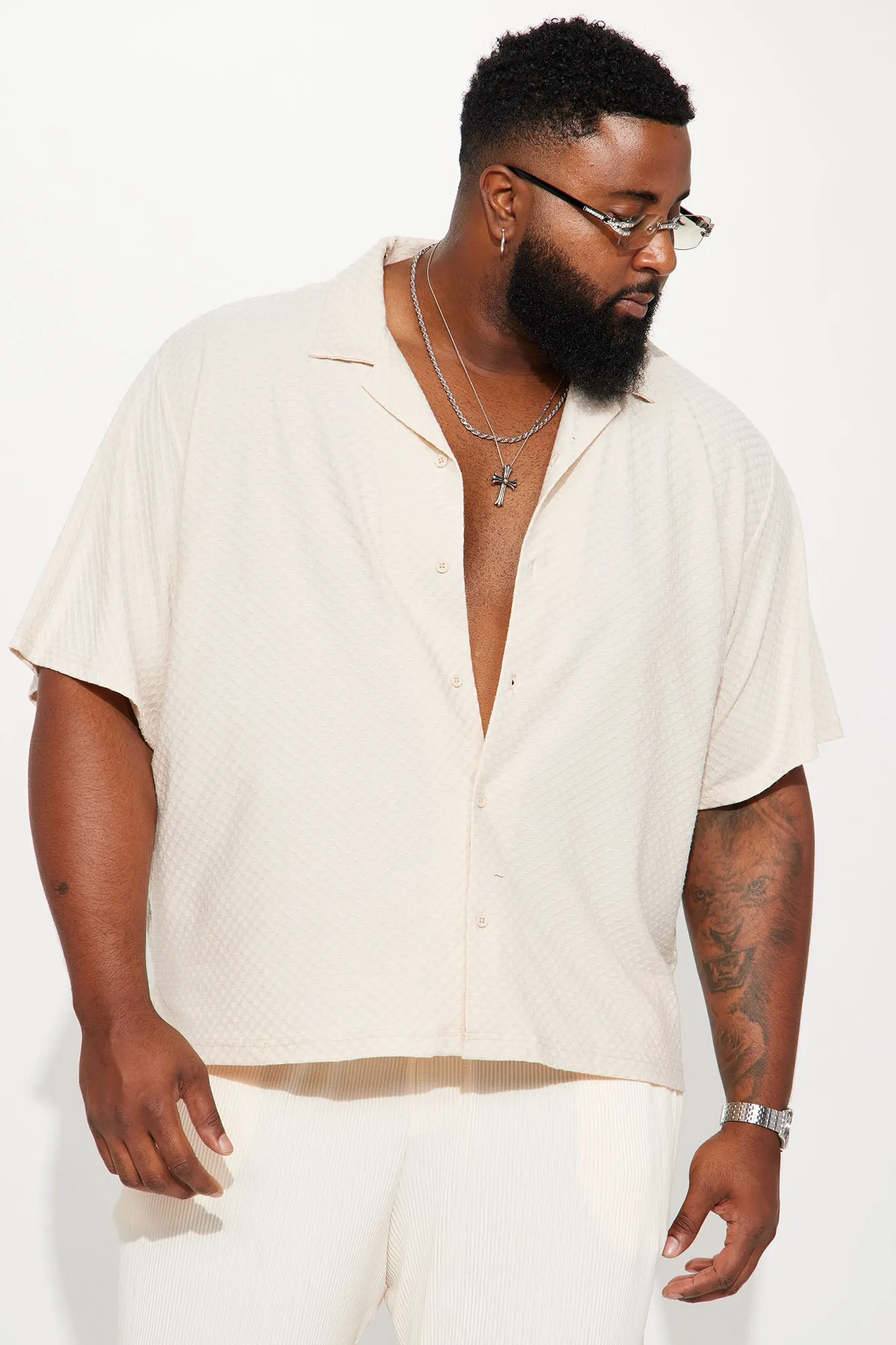 Afloat Textured Short Sleeve Cropped Button Up - Cream