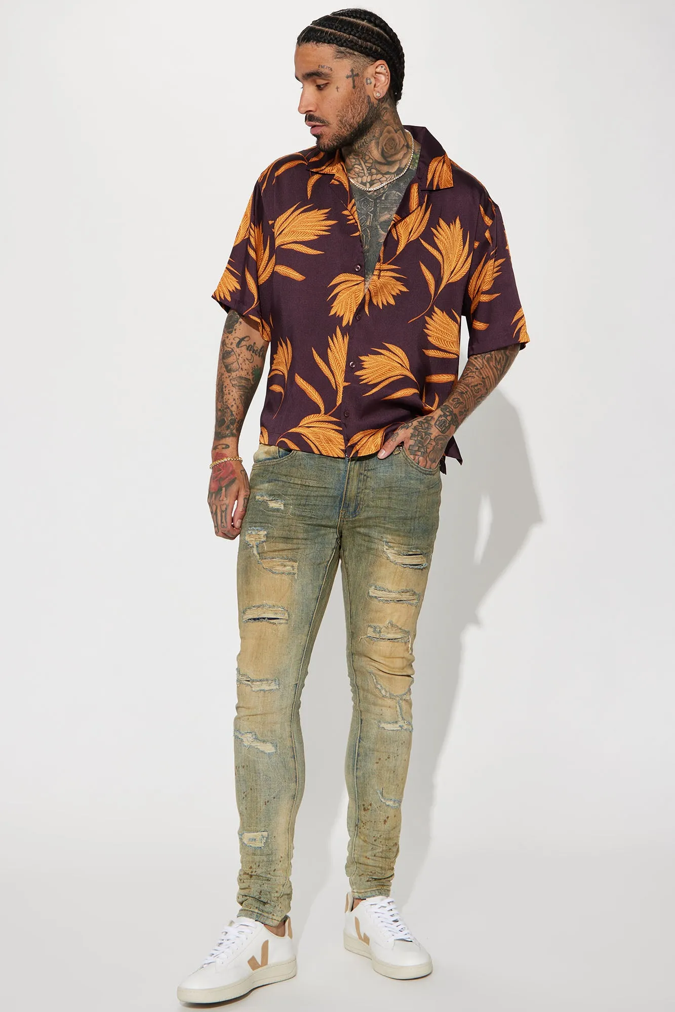 Against The Grain Short Sleeve Button Up - Brown