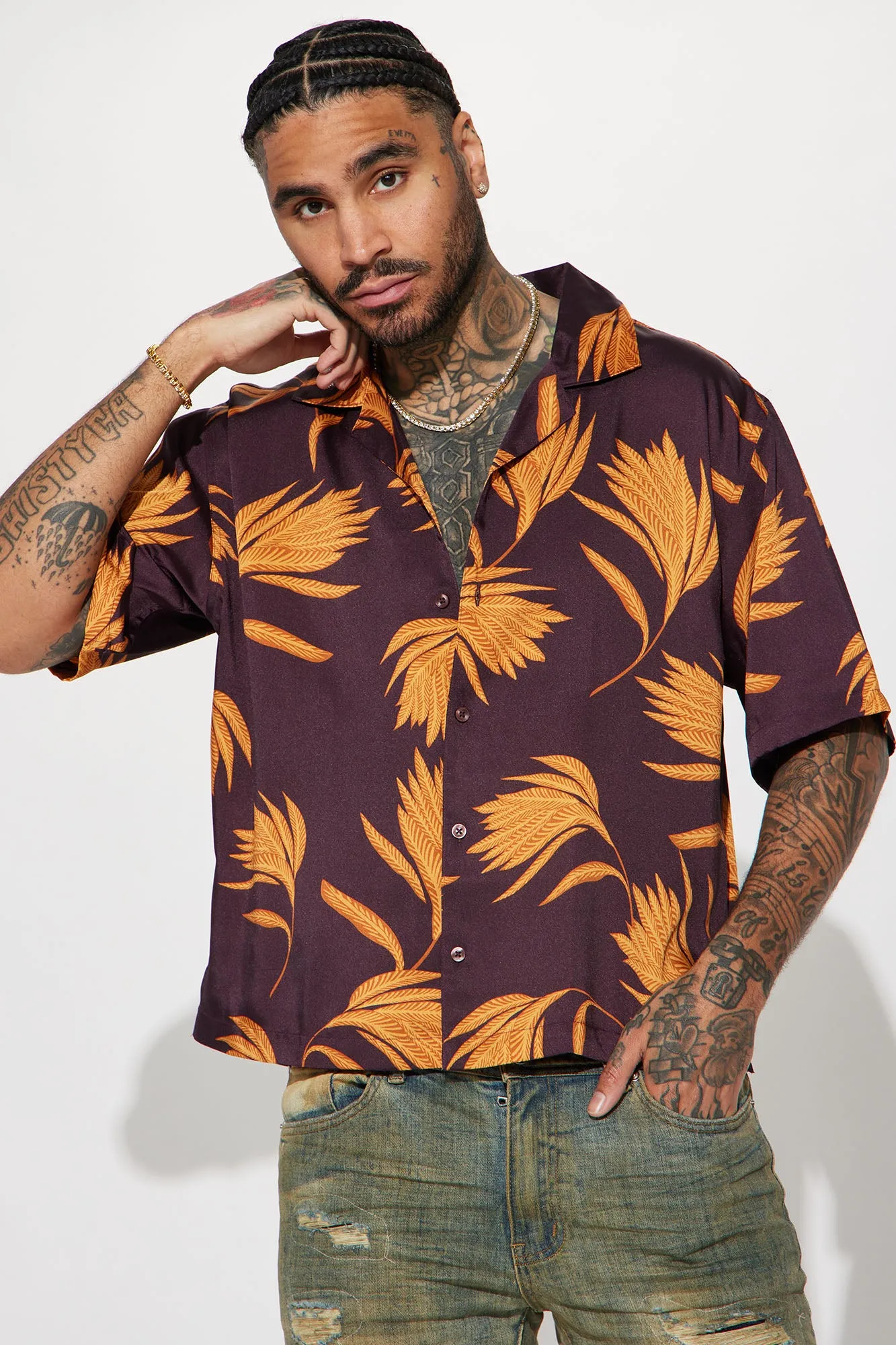 Against The Grain Short Sleeve Button Up - Brown