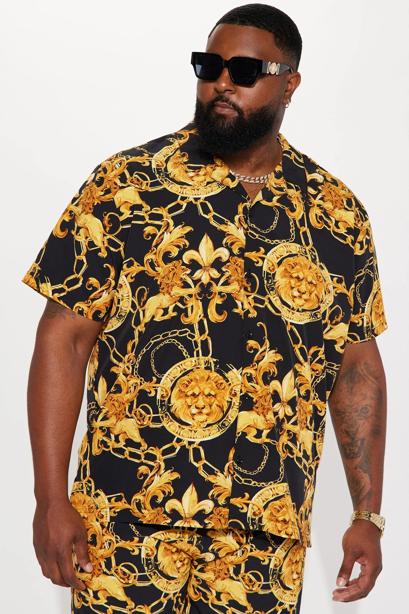 Baroque Lion Short Sleeve Button Up - Black/Gold