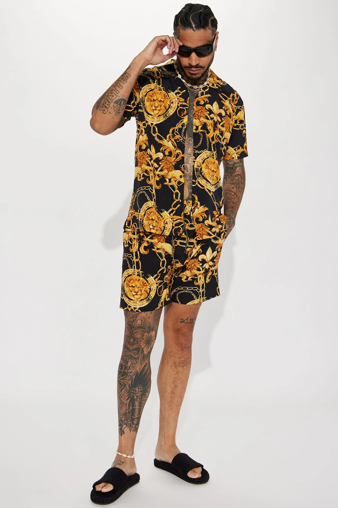 Baroque Lion Short Sleeve Button Up - Black/Gold