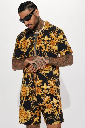 Baroque Lion Short Sleeve Button Up - Black/Gold