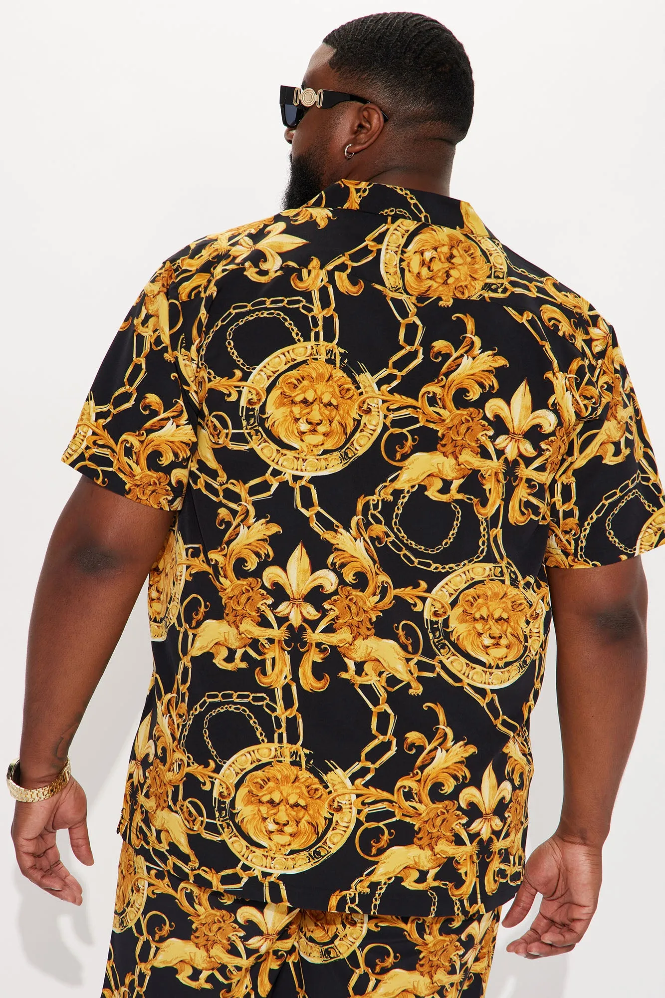 Baroque Lion Short Sleeve Button Up - Black/Gold