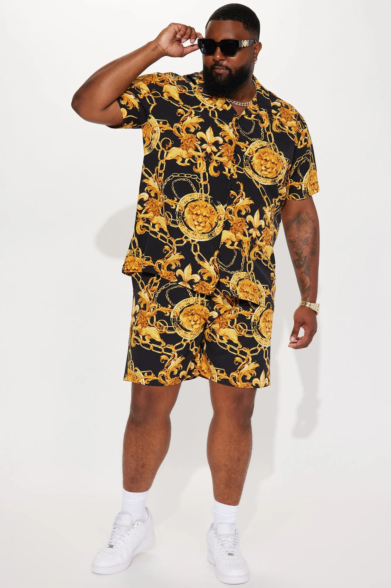 Baroque Lion Short Sleeve Button Up - Black/Gold