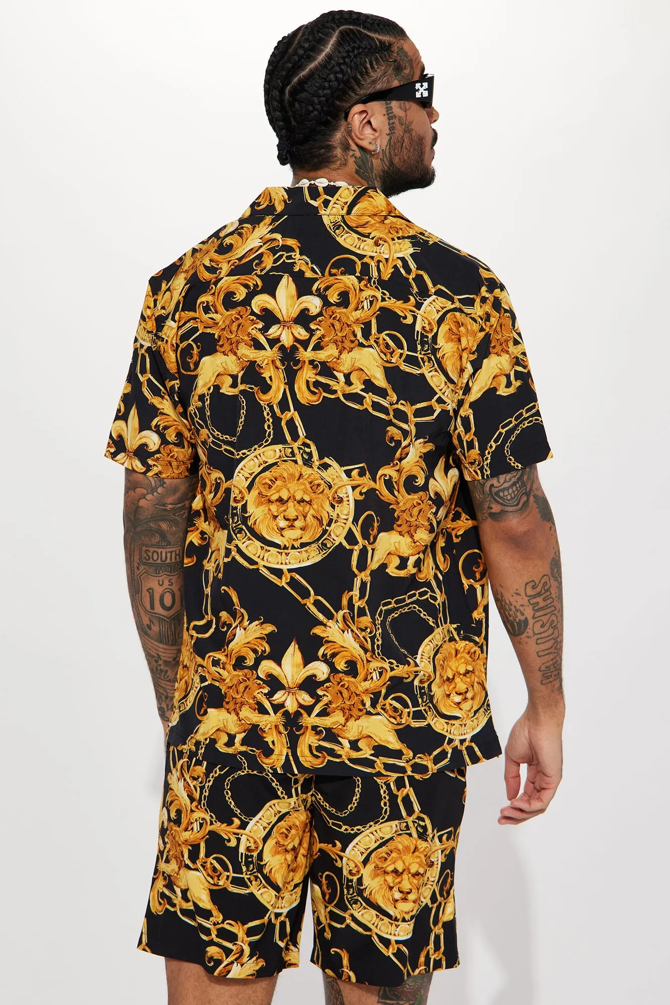 Baroque Lion Short Sleeve Button Up - Black/Gold