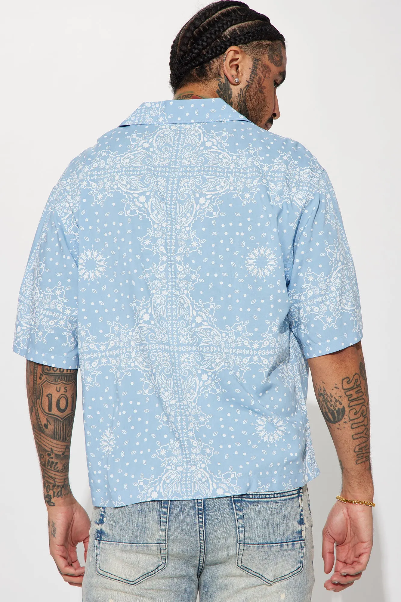 Baroque Paisley Short Sleeve Button Up - Blue