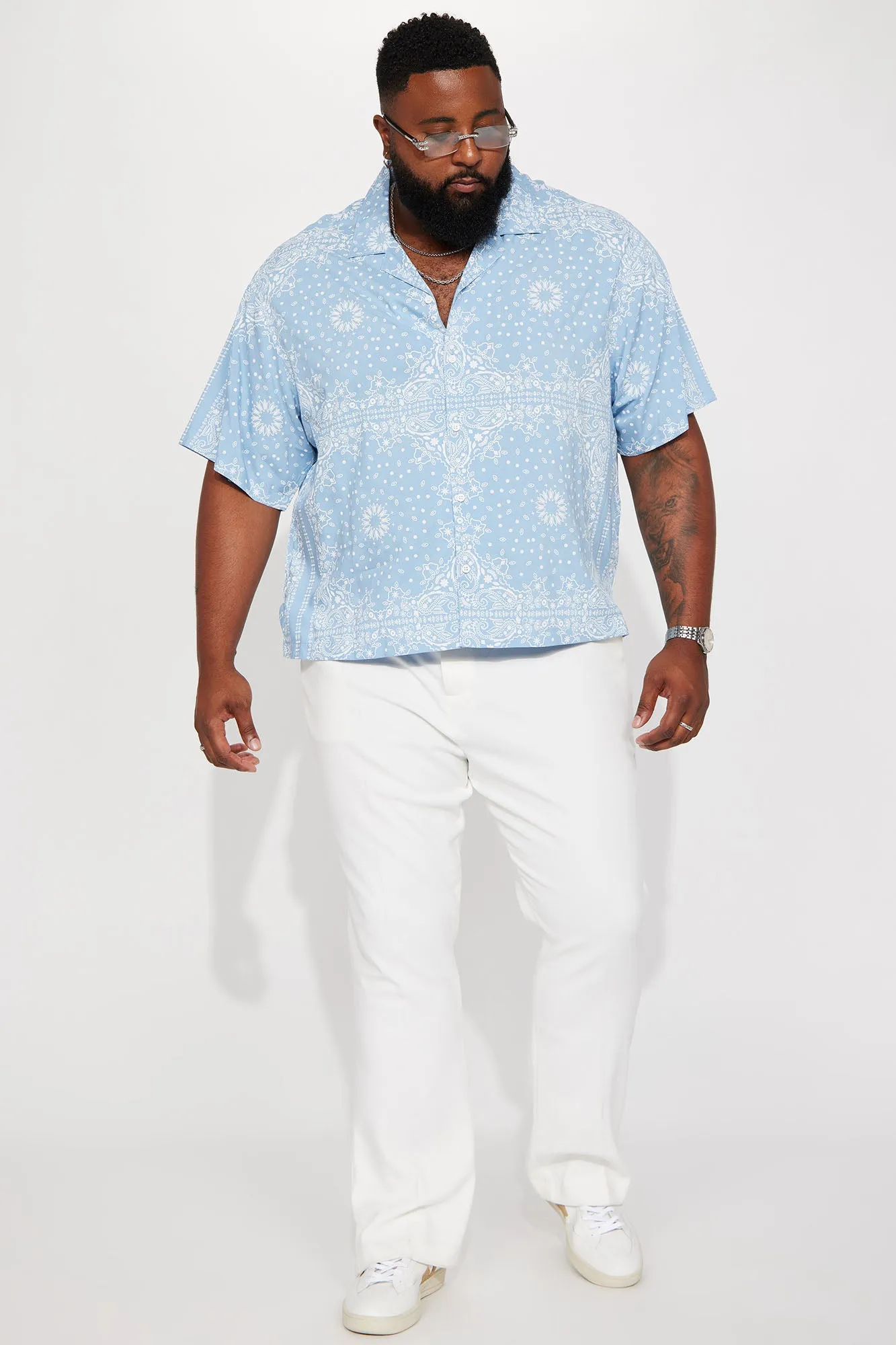 Baroque Paisley Short Sleeve Button Up - Blue