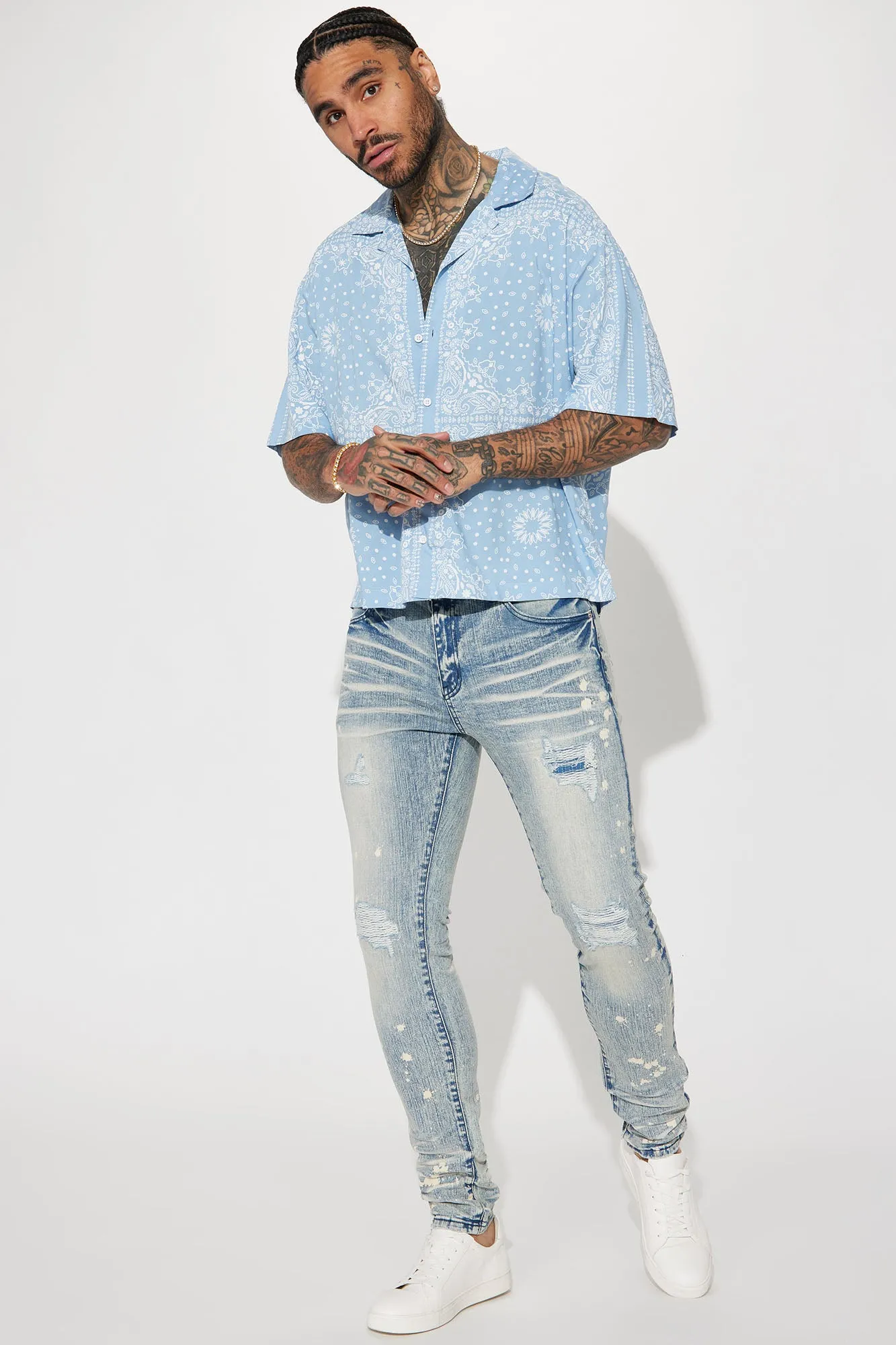 Baroque Paisley Short Sleeve Button Up - Blue