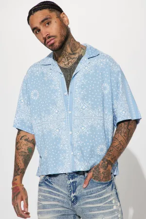 Baroque Paisley Short Sleeve Button Up - Blue