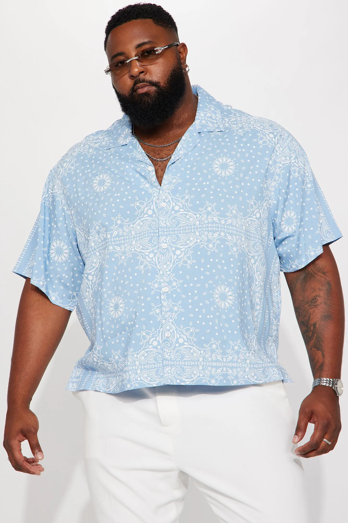 Baroque Paisley Short Sleeve Button Up - Blue
