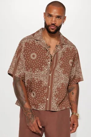 Baroque Paisley Short Sleeve Button Up - Brown