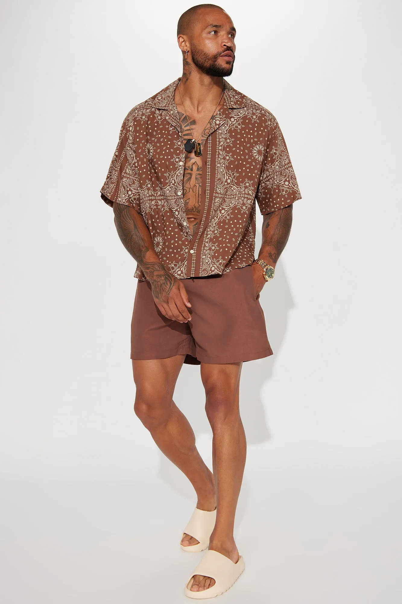 Baroque Paisley Short Sleeve Button Up - Brown