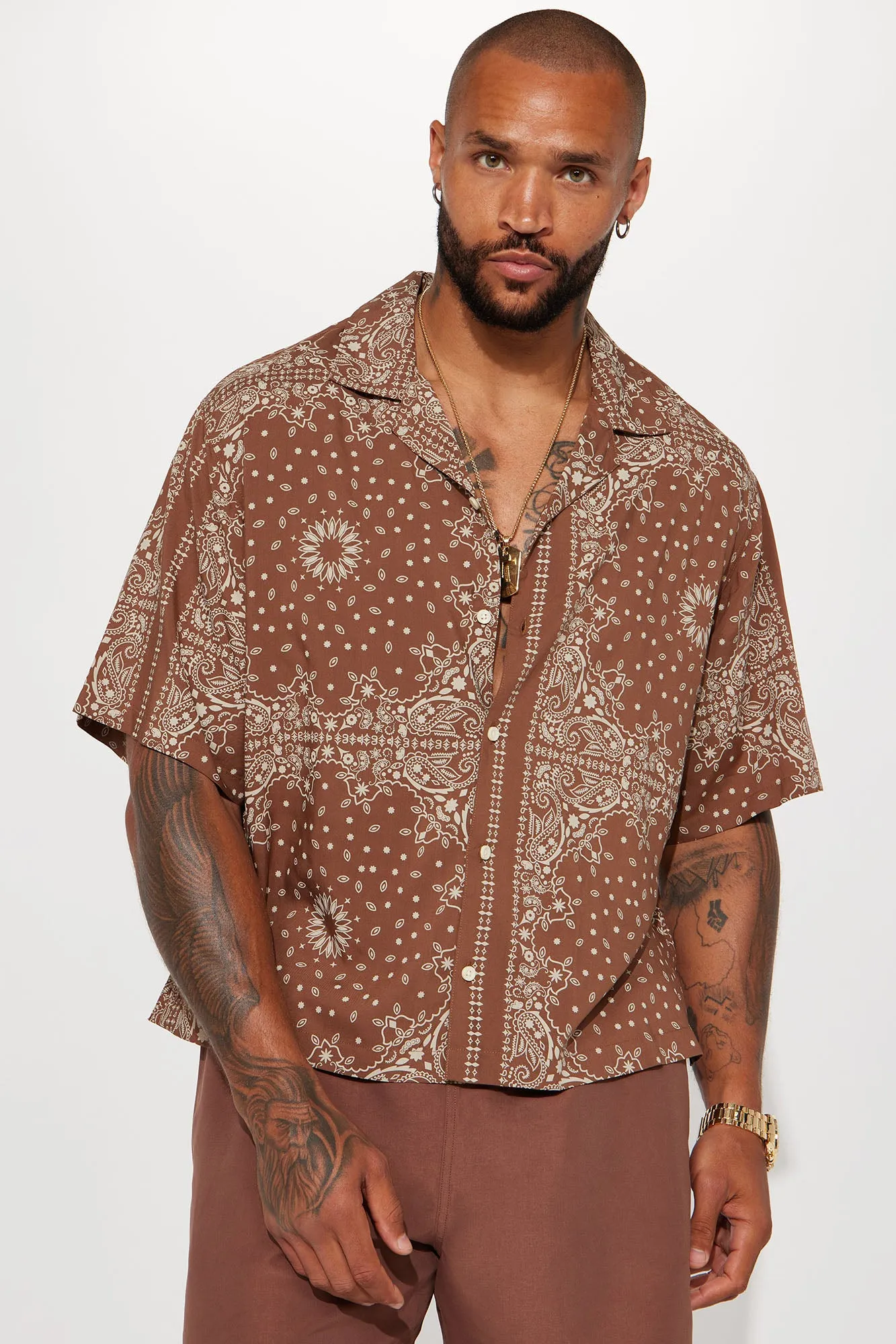 Baroque Paisley Short Sleeve Button Up - Brown