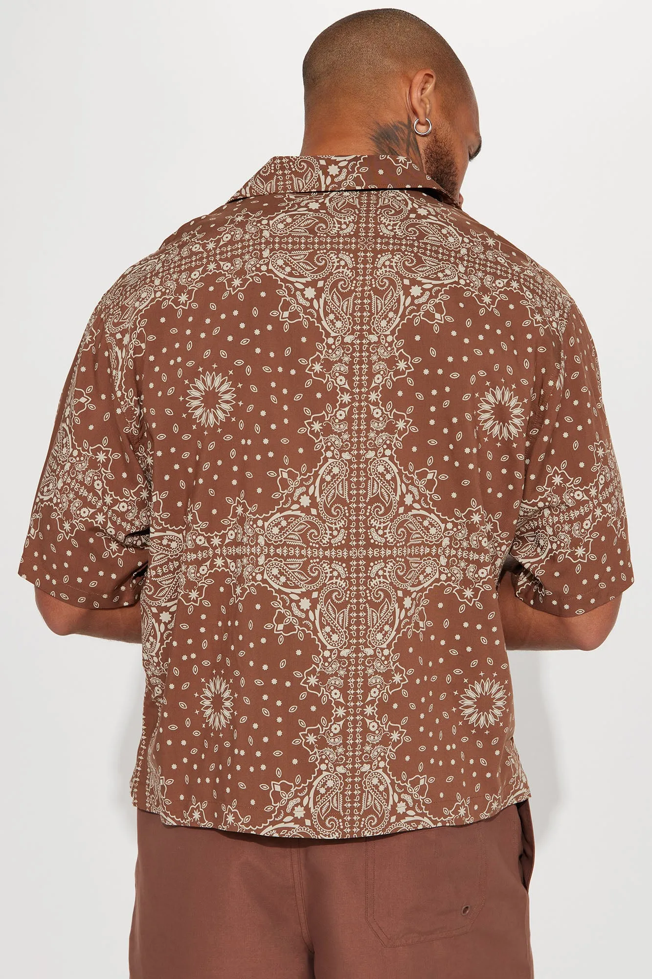 Baroque Paisley Short Sleeve Button Up - Brown