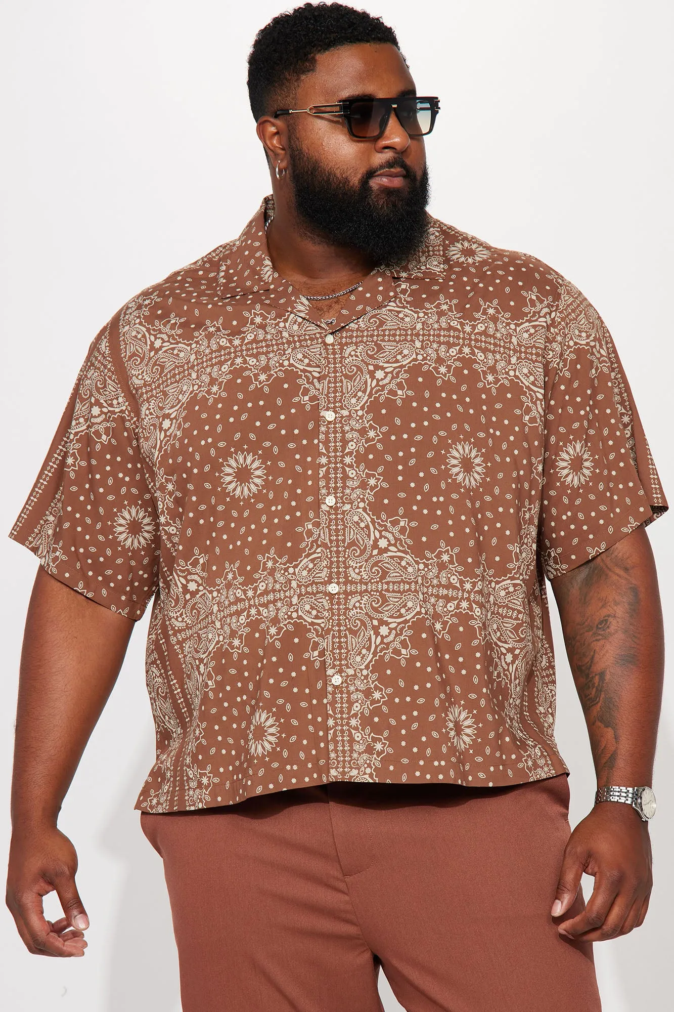 Baroque Paisley Short Sleeve Button Up - Brown