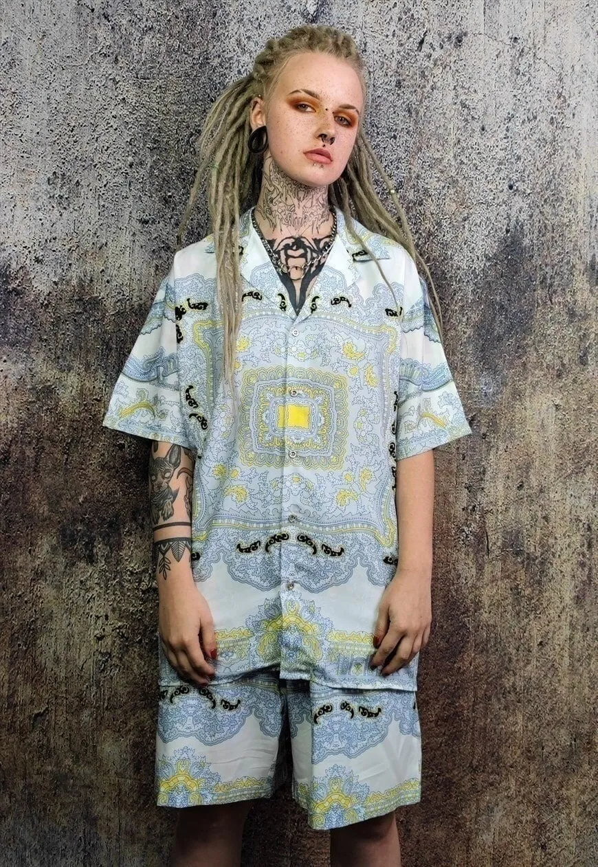 Baroque shirt paisley print short sleeve top in white yellow