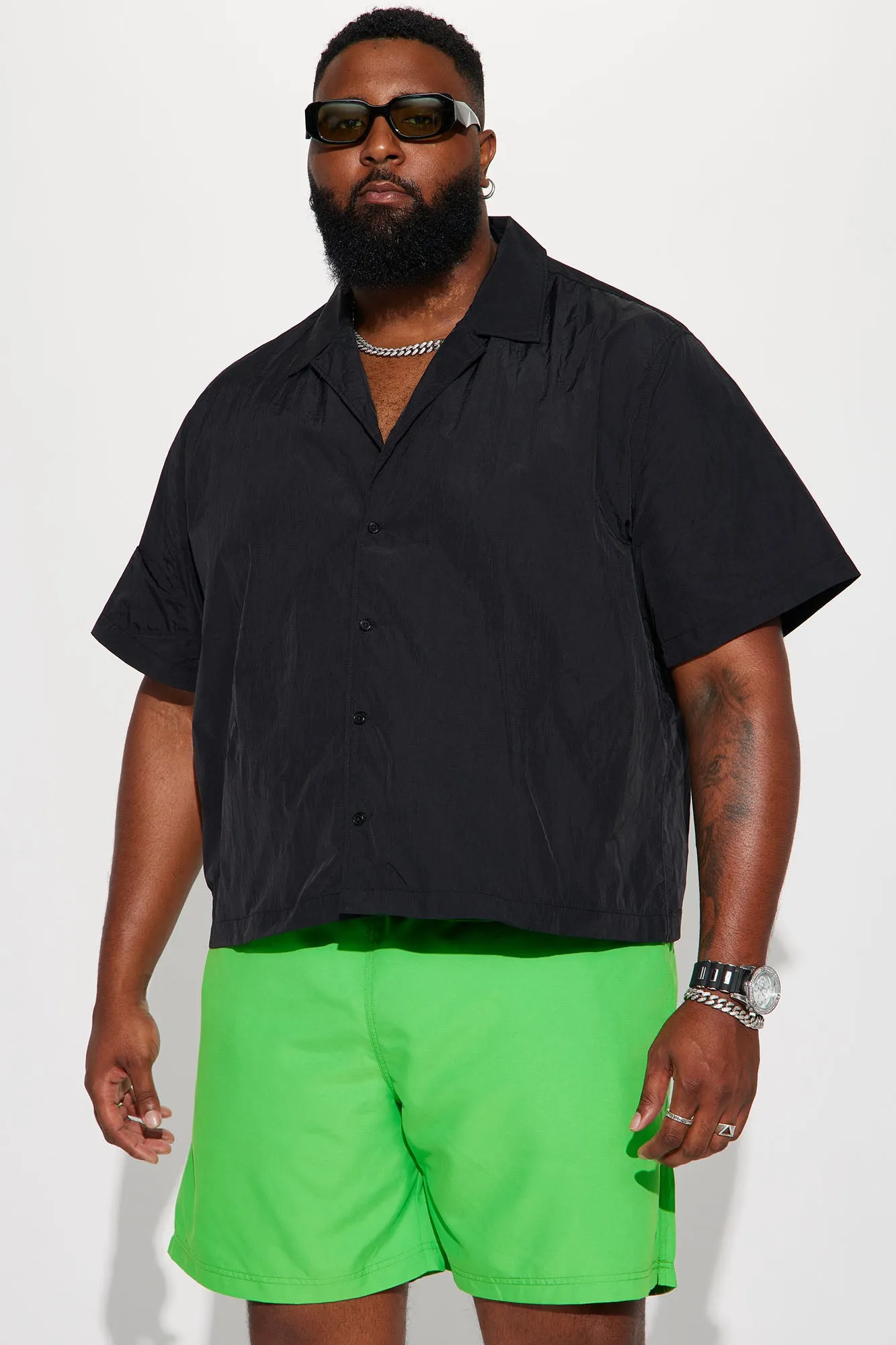 Batter Up Crinkle Nylon Short Sleeve Button Up - Black