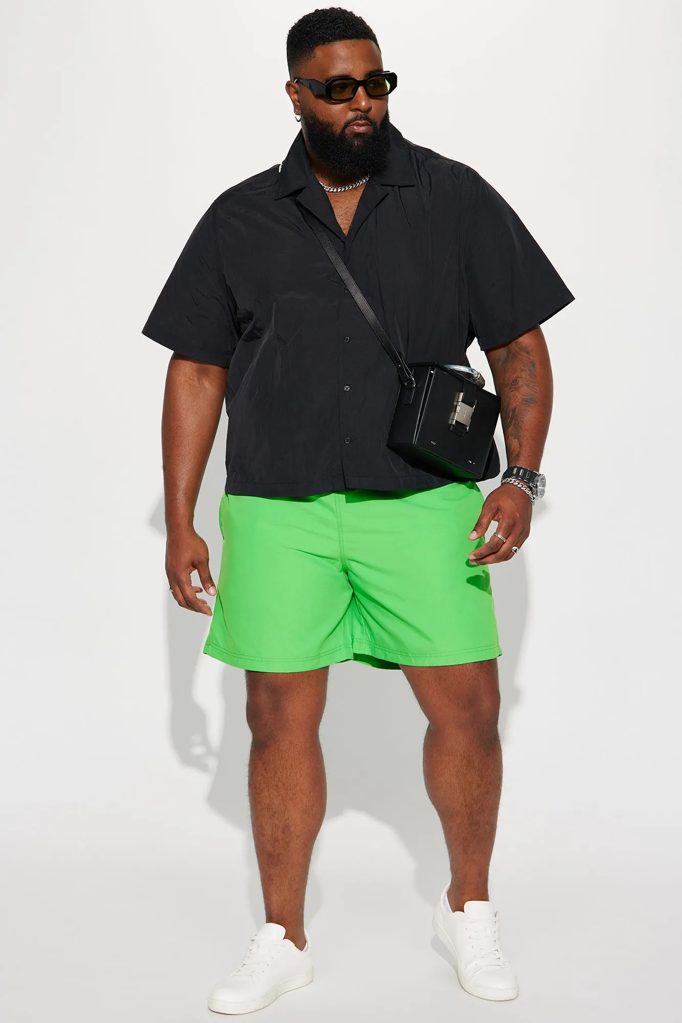 Batter Up Crinkle Nylon Short Sleeve Button Up - Black