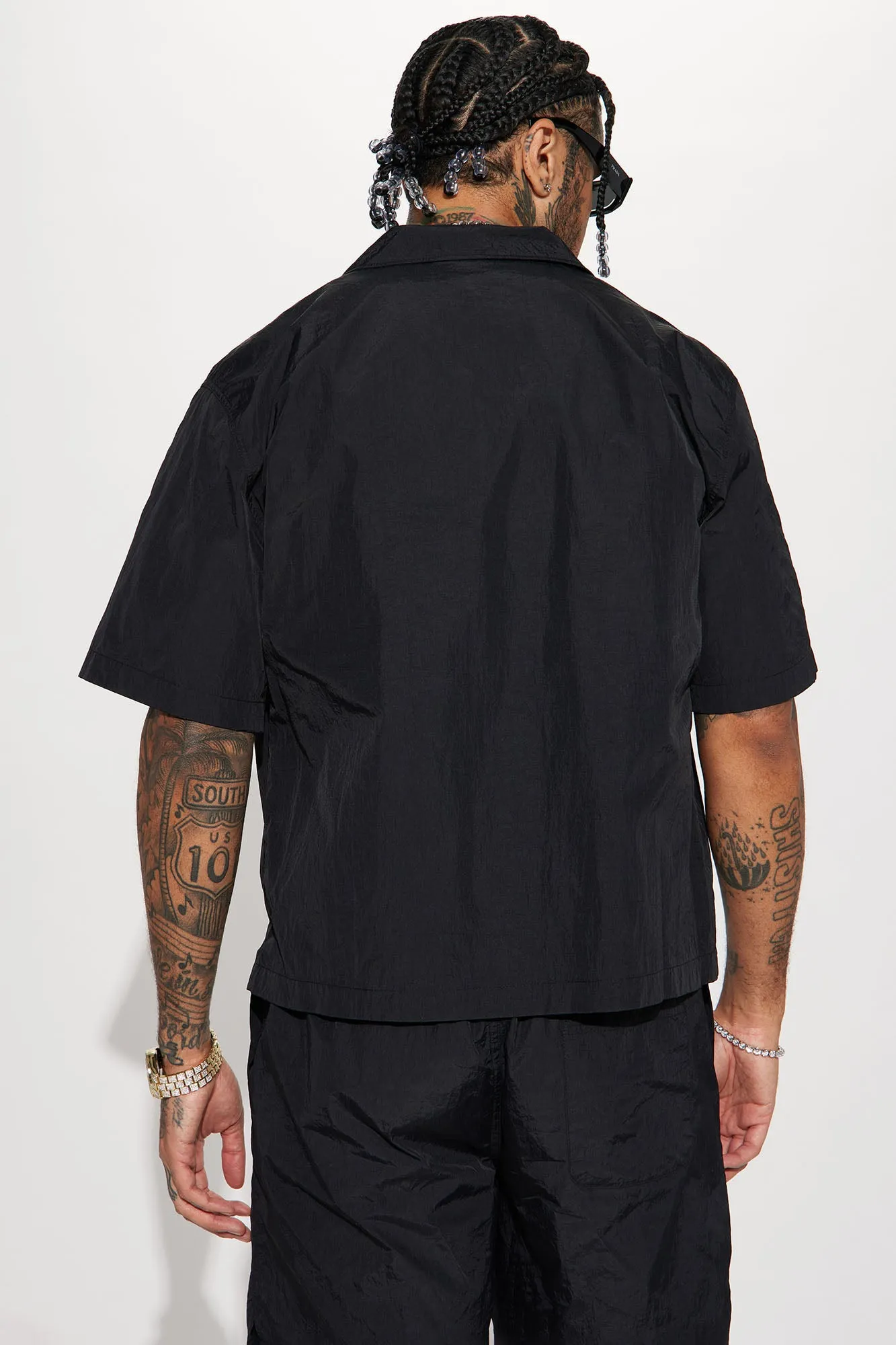 Batter Up Crinkle Nylon Short Sleeve Button Up - Black