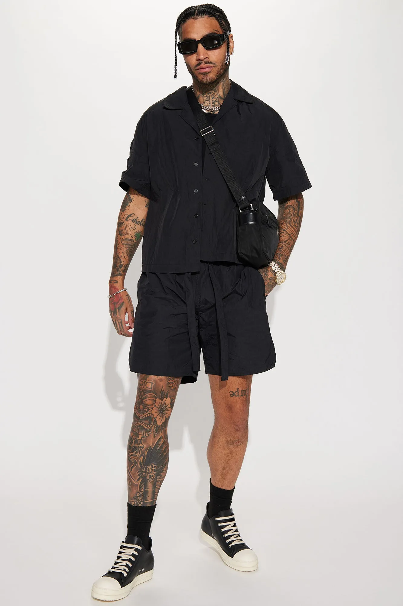 Batter Up Crinkle Nylon Short Sleeve Button Up - Black