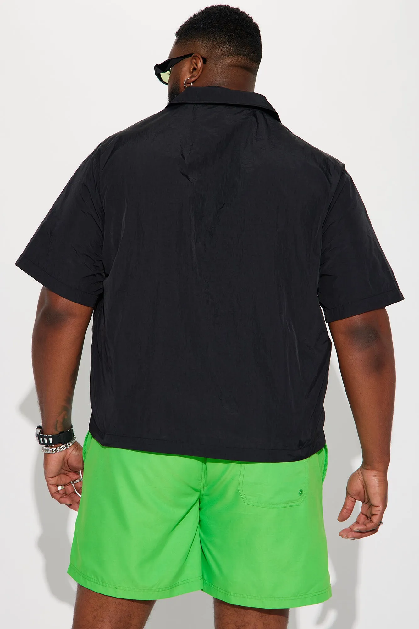 Batter Up Crinkle Nylon Short Sleeve Button Up - Black
