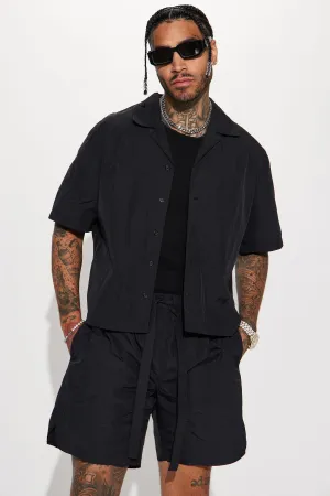 Batter Up Crinkle Nylon Short Sleeve Button Up - Black