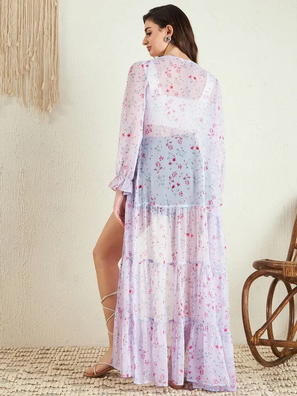 Berrylush Women Purple & Pink Floral Printed Open-Front Neck Puff Sleeves Ruffled Longline Shrug