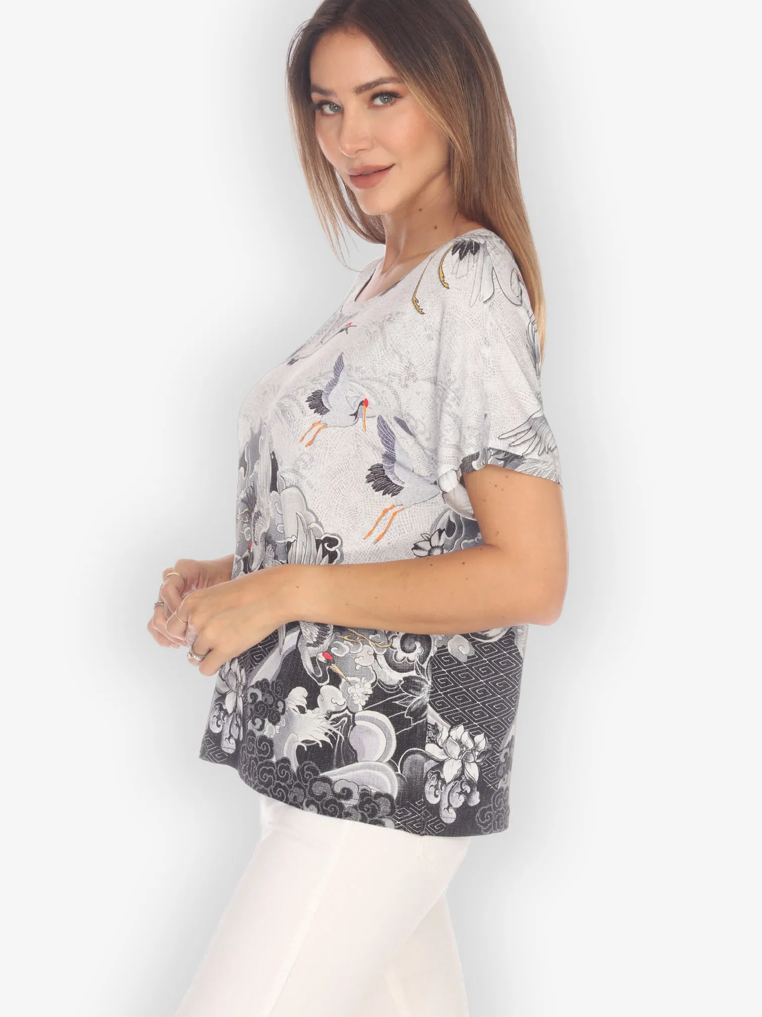 Black White Crane Wave Cap Sleeves Tee