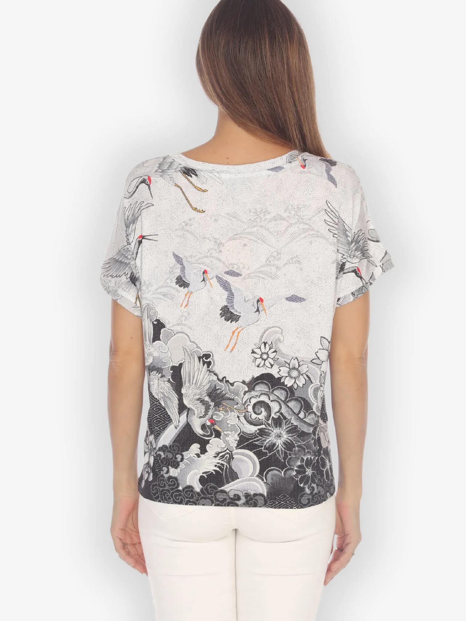 Black White Crane Wave Cap Sleeves Tee
