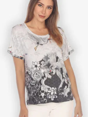 Black White Crane Wave Cap Sleeves Tee