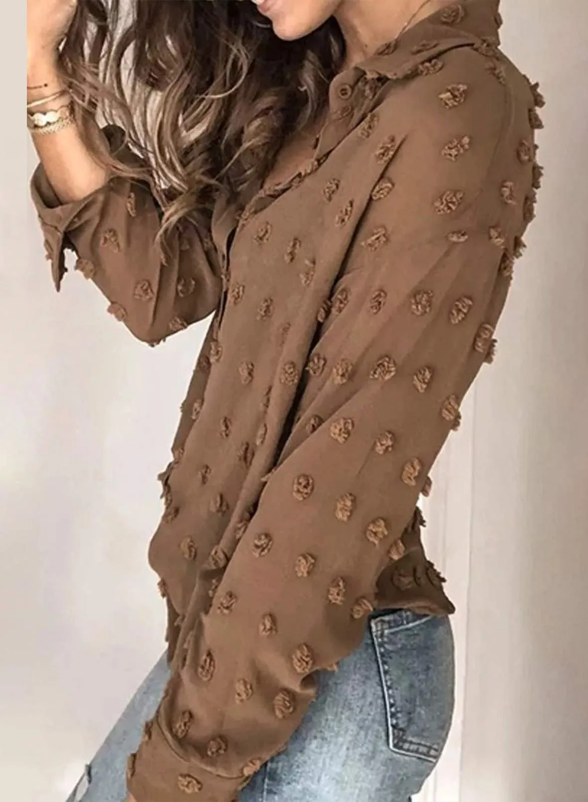 Brown Long Sleeve Women Pompom Button Down Shirt Casual Blouse Top - Astylish