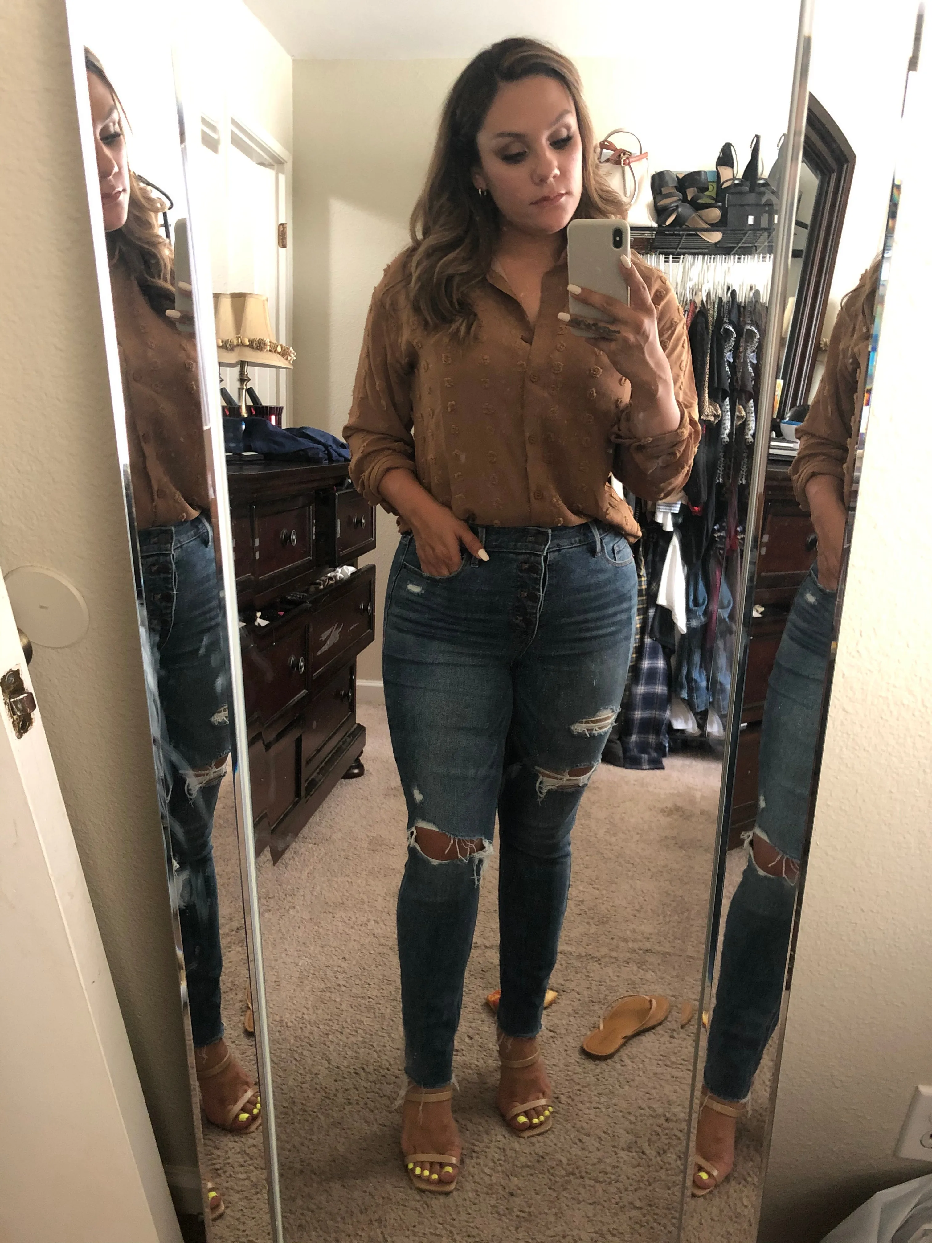 Brown Long Sleeve Women Pompom Button Down Shirt Casual Blouse Top - Astylish