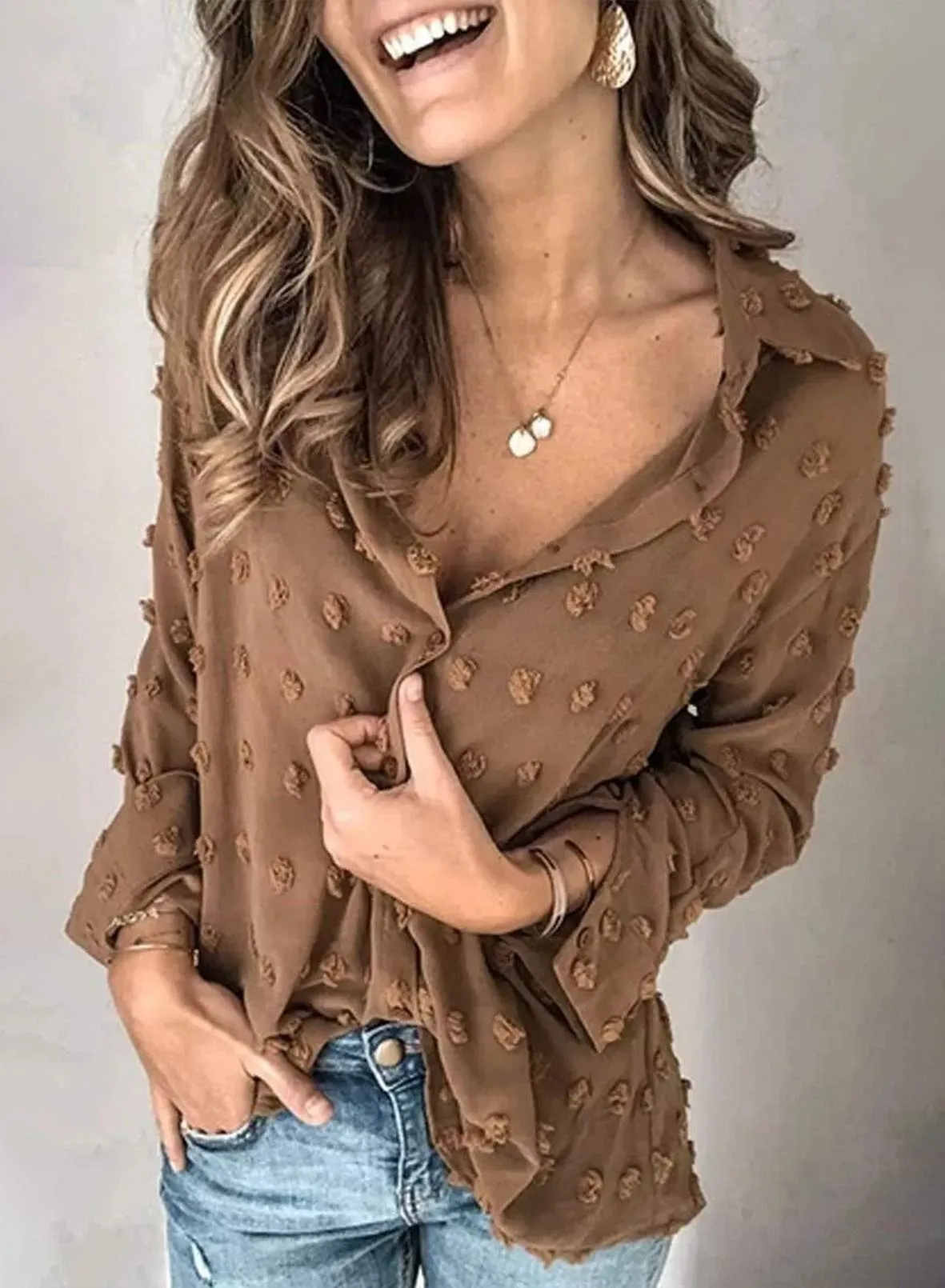 Brown Long Sleeve Women Pompom Button Down Shirt Casual Blouse Top - Astylish