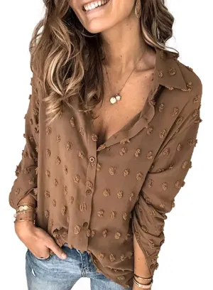 Brown Long Sleeve Women Pompom Button Down Shirt Casual Blouse Top - Astylish