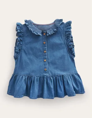 Chambray Frill Sleeve Blouse-Chambray Blue