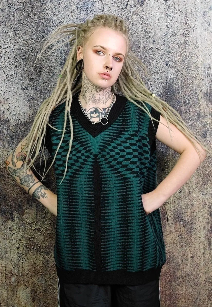 Check print sleeveless sweater chess board pattern top green