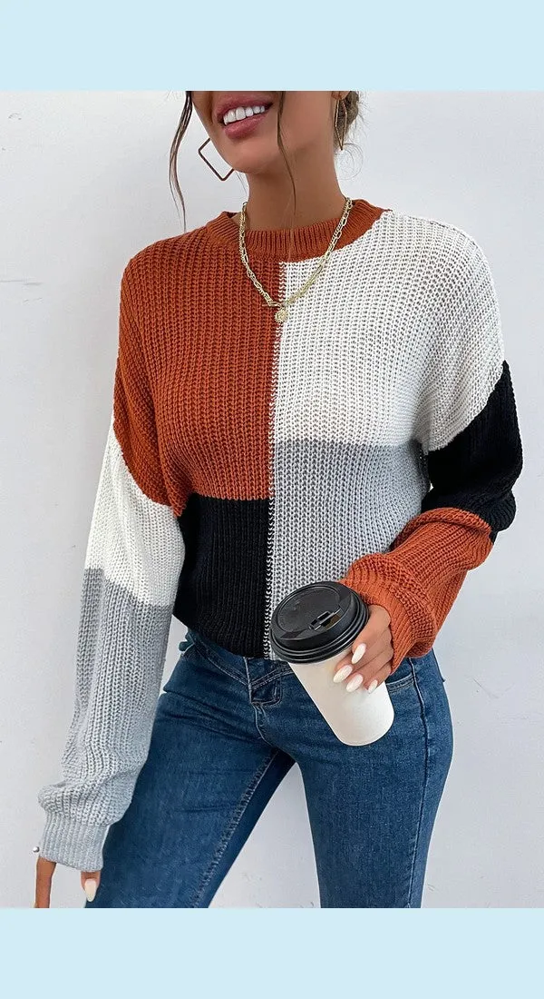 Color Block Ribbed Long Sleeve Chunky Sweater