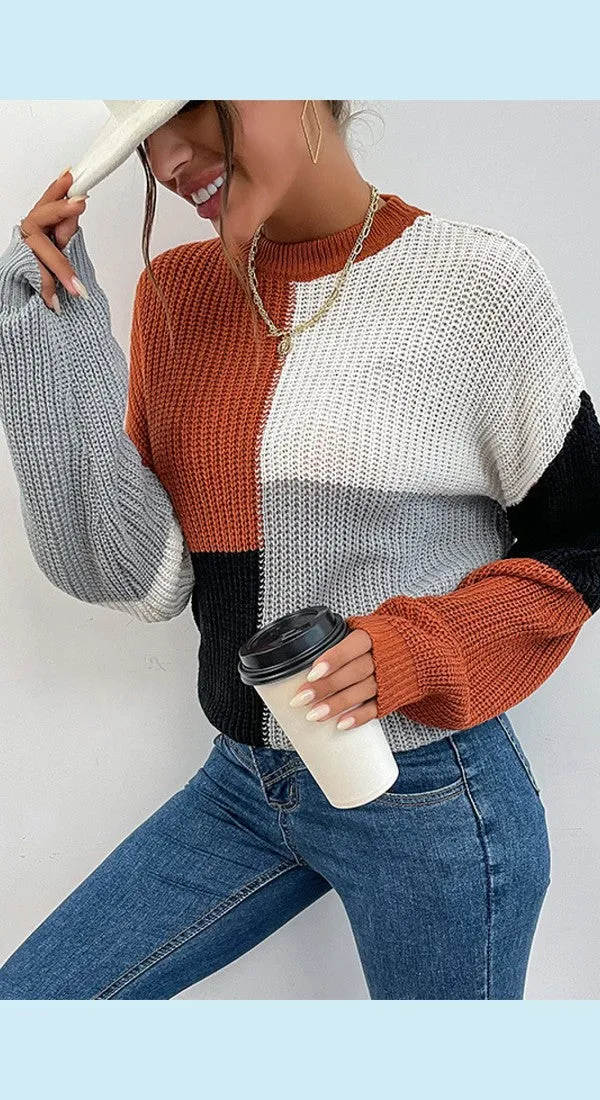 Color Block Ribbed Long Sleeve Chunky Sweater