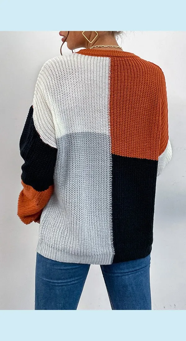 Color Block Ribbed Long Sleeve Chunky Sweater