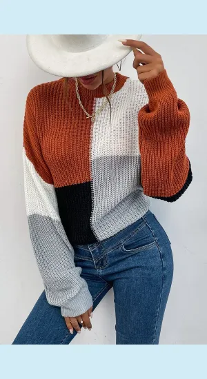 Color Block Ribbed Long Sleeve Chunky Sweater