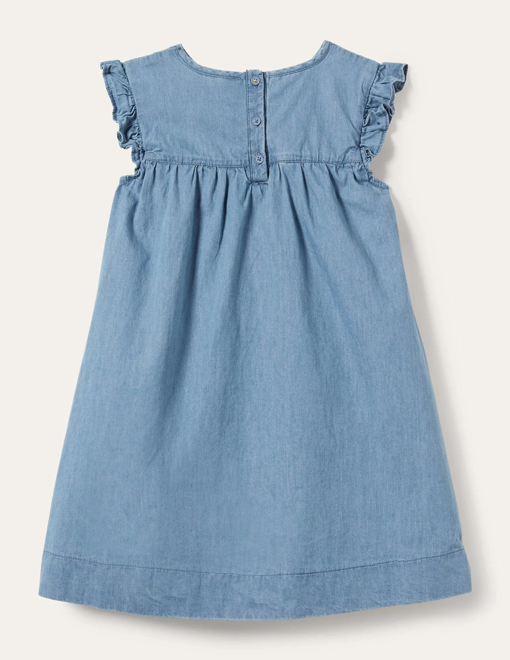Denim Love Heart Frill Sleeve Dress-Mid Vintage Denim