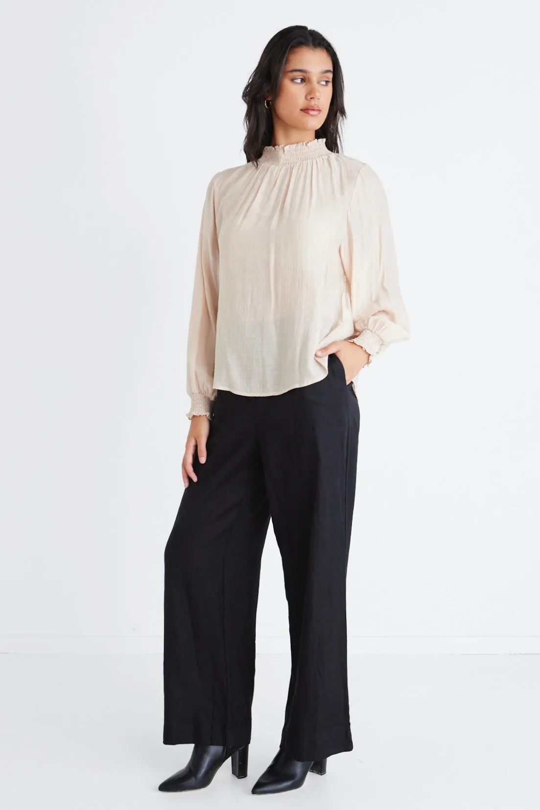 Embrace Champagne Textured High Neck Shirred Top