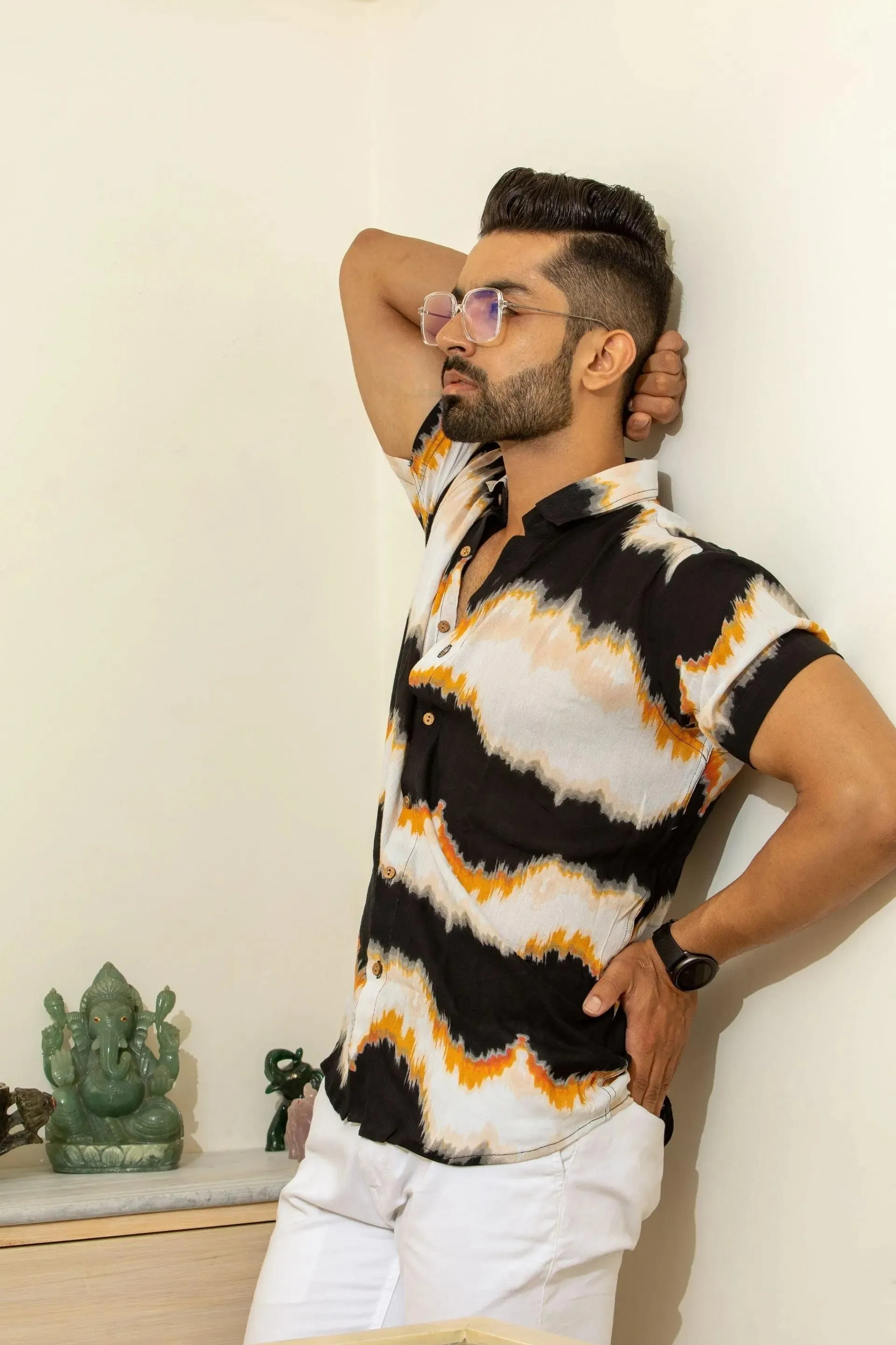 Firangi Yarn Black Tie&Dye Crepe Shirt For Men - Half Sleeves