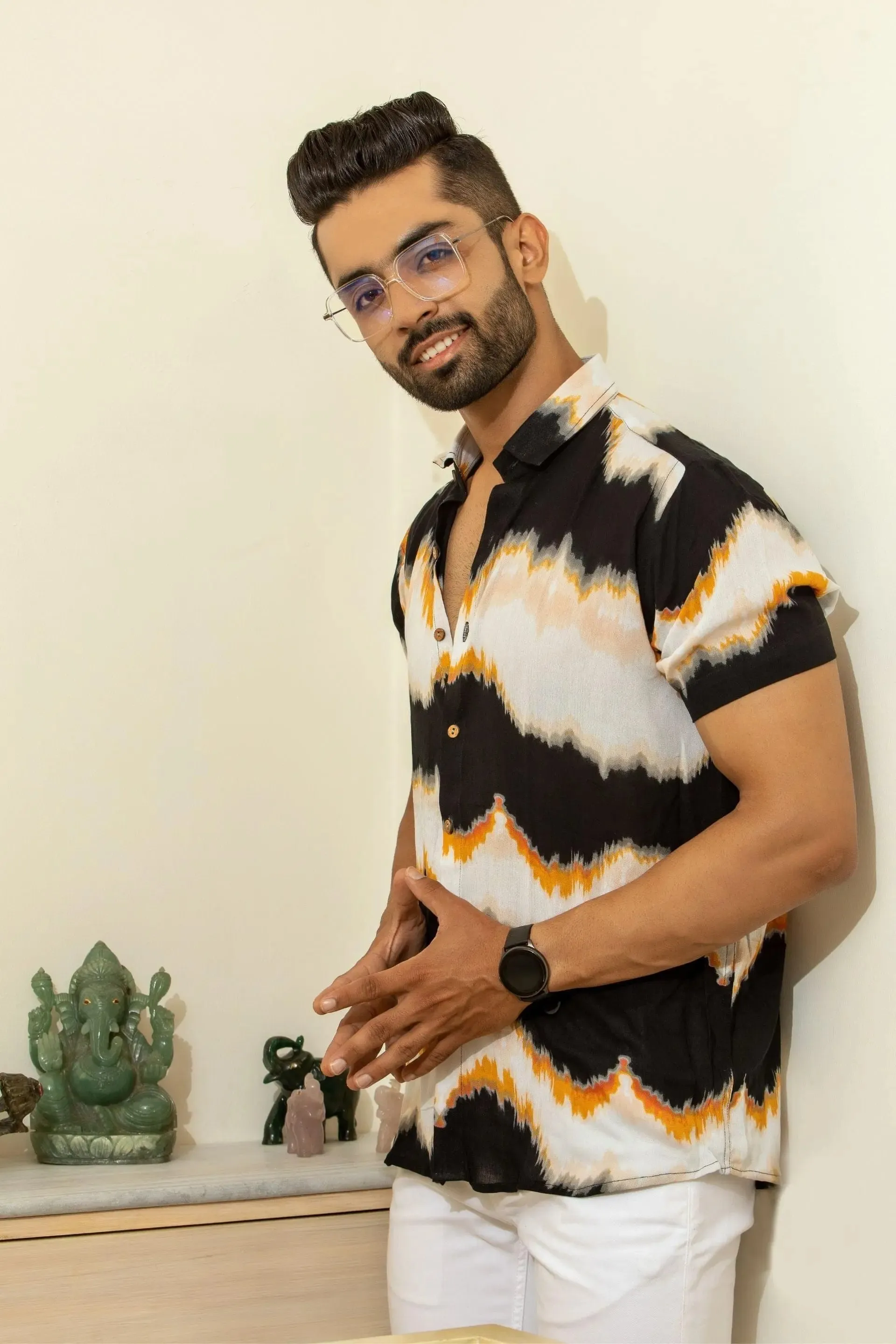 Firangi Yarn Black Tie&Dye Crepe Shirt For Men - Half Sleeves