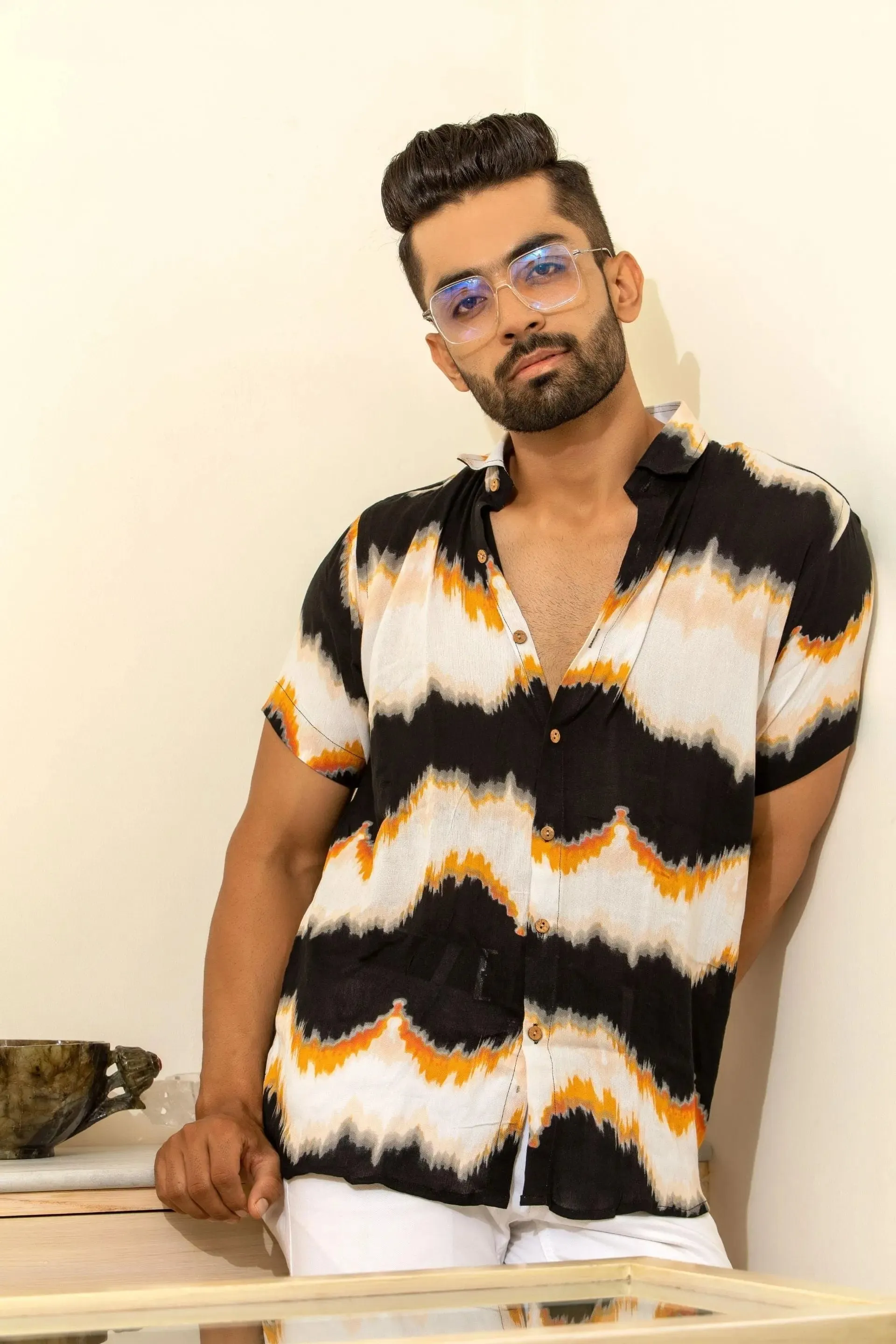 Firangi Yarn Black Tie&Dye Crepe Shirt For Men - Half Sleeves
