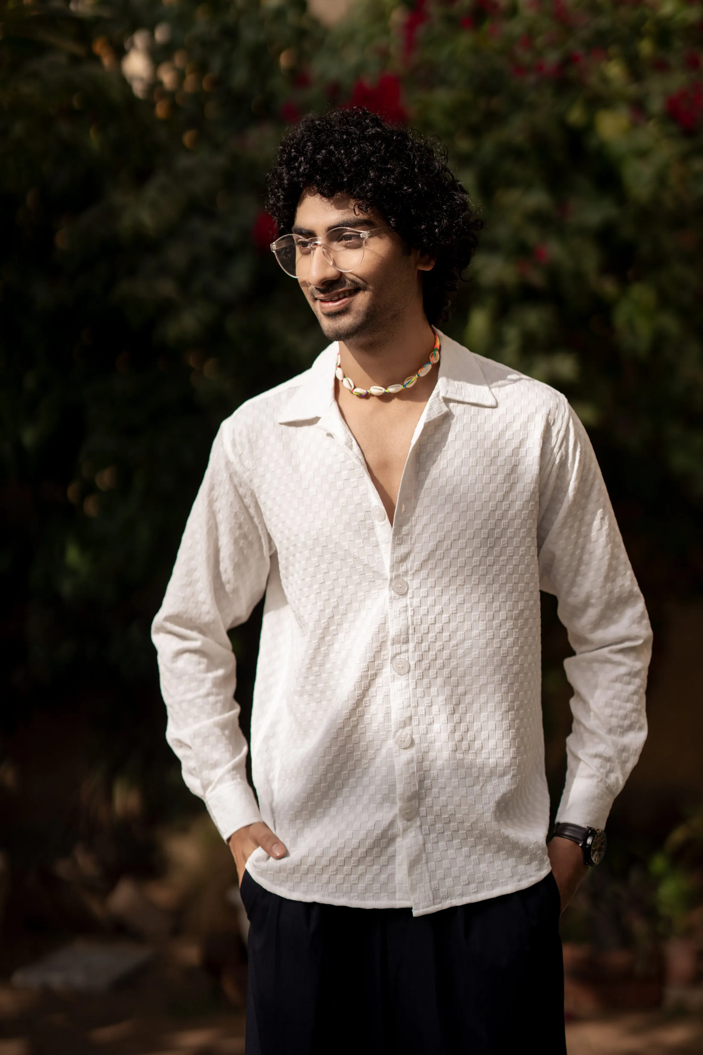 Firangi Yarn Men's Full Sleeve Bubble Cube Self Design Shirt White
